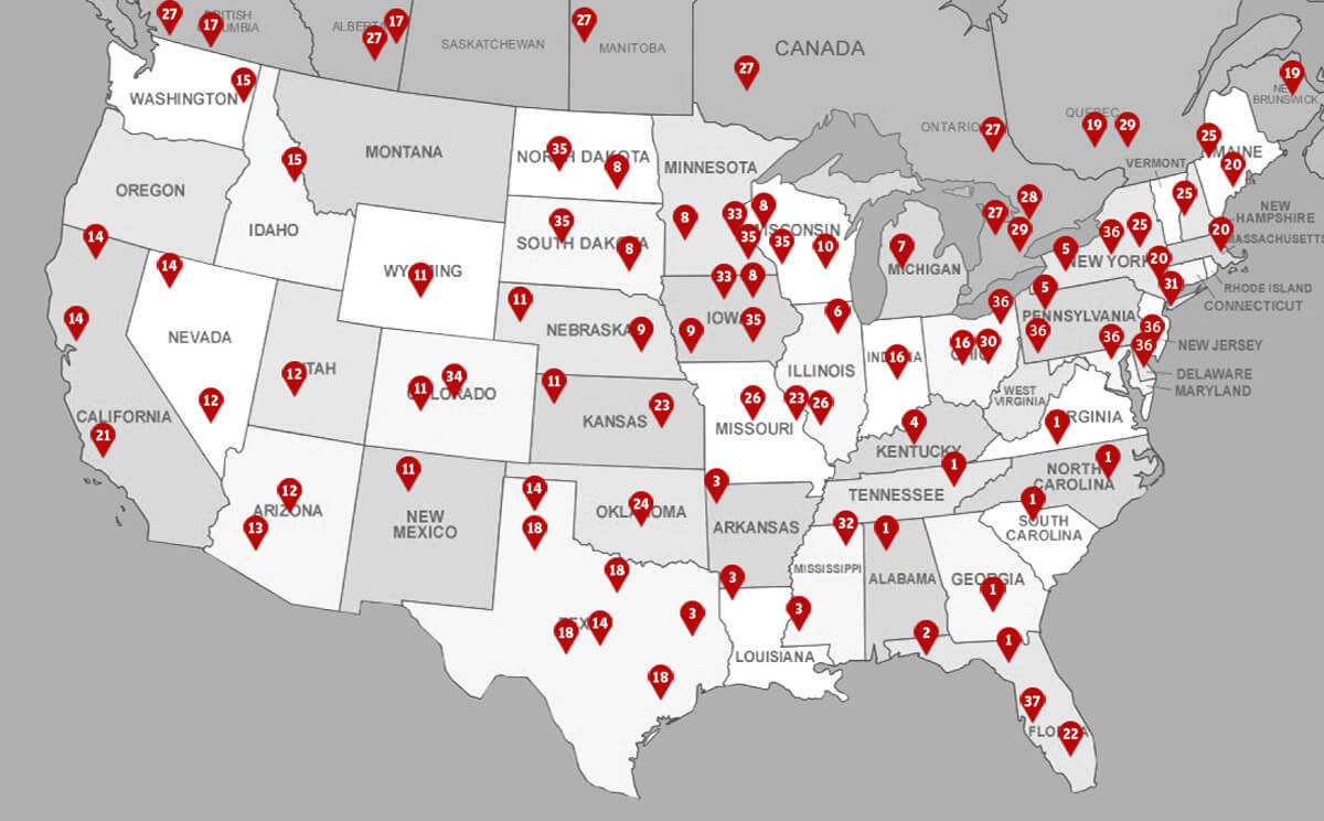 map of united states with dealer locations marked