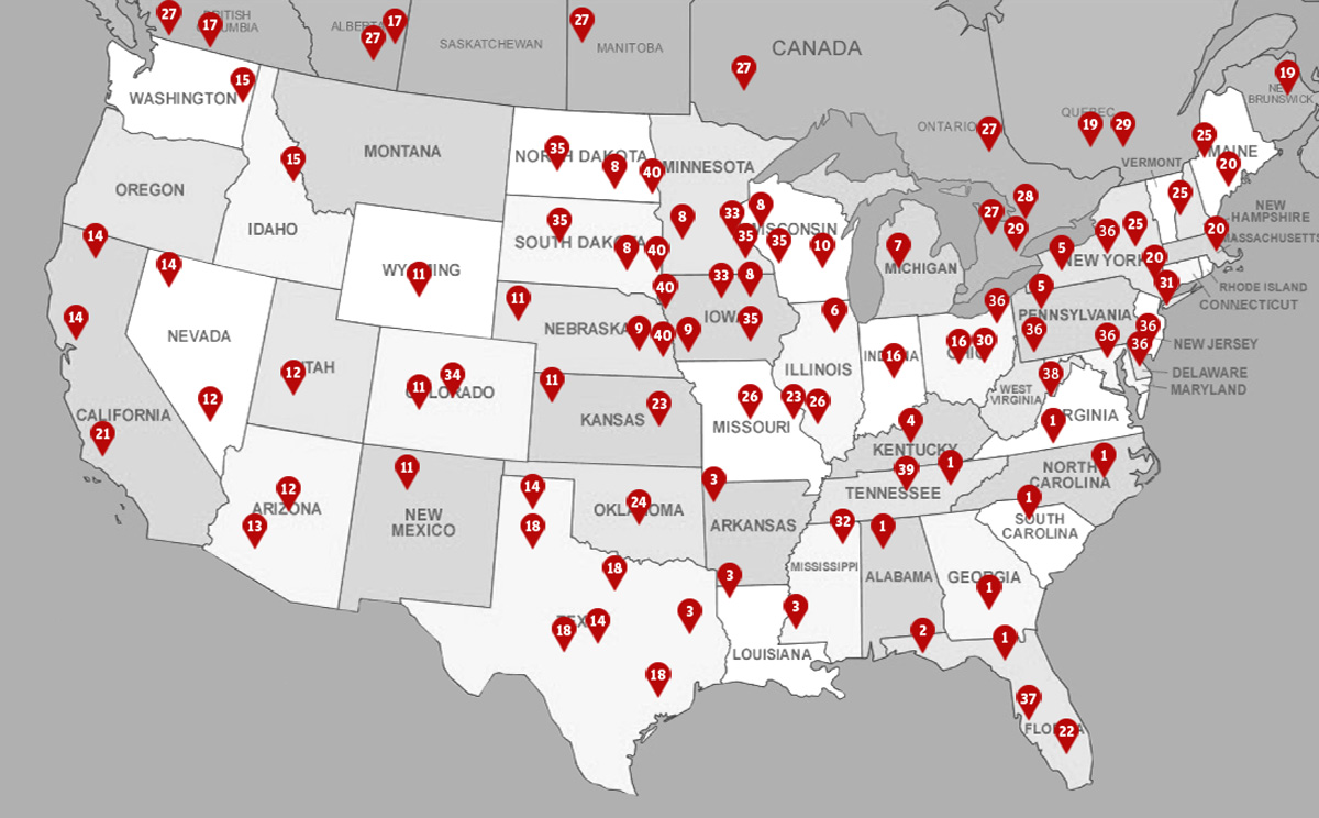 map of united states with dealer locations marked