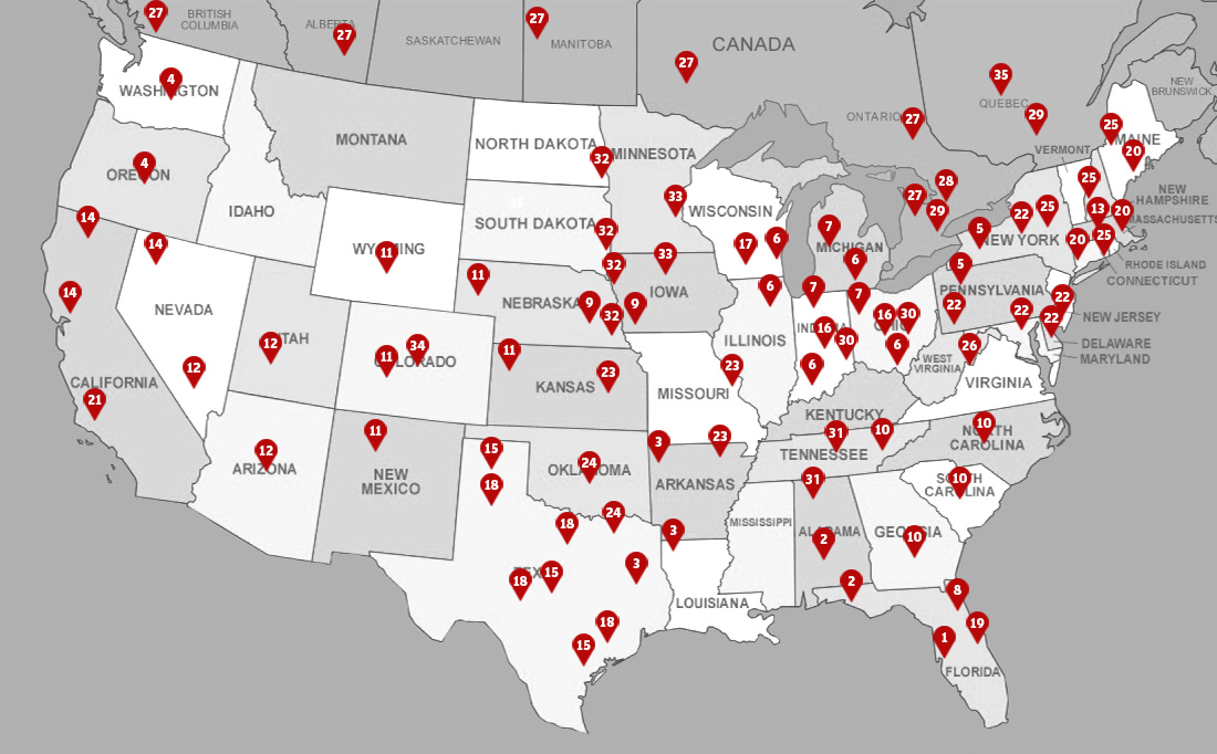 map of united states with dealer locations marked